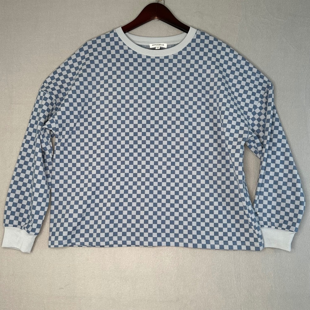 AnnieWear Los Angeles Denim Blue Checkered Long Sleeve Top - Women's M